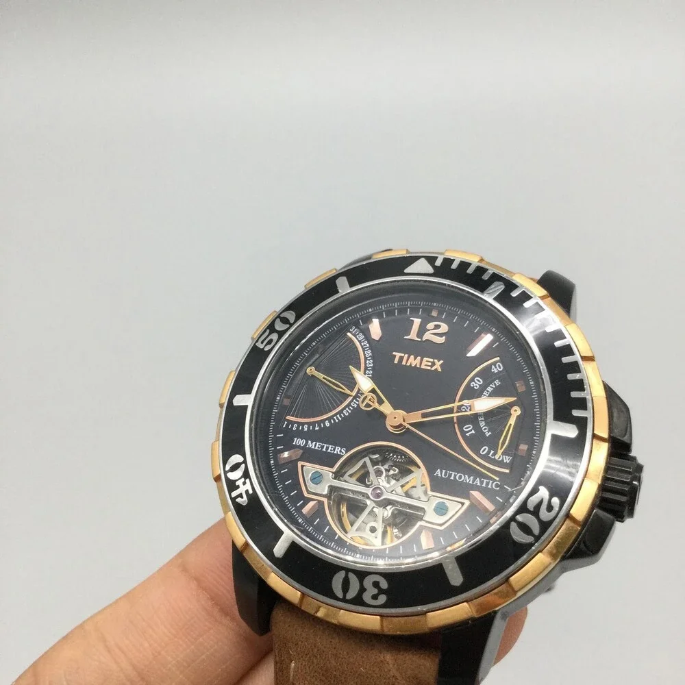 Timex Mens Watch 45mm Power Reserve Fly Leather Automatic 100m Diver Skeleton